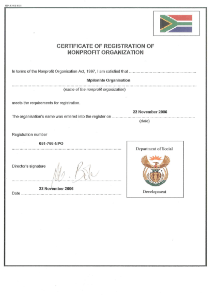 Mpilonhle NPO Certificate